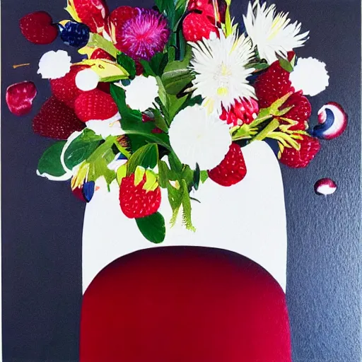 Image similar to “art in an Australian artist’s apartment, portrait of a woman wearing stained white cotton cloth, stained by fresh raspberries and strawberries and blueberries, white wax, edible flowers, Australian native white and red flowers ikebana, black walls, acrylic and spray paint and oilstick on canvas”