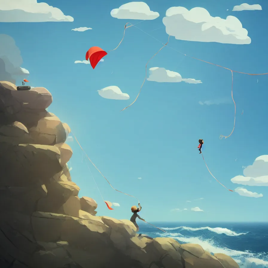 Prompt: a man flying the kite on top of a huge cliff from where you can see the great ocean and the waves hitting the rocks, there is a warm light and some clouds, art by Goro Fujita, ilustration, concept art, sharp focus, ArtStation and deviantart