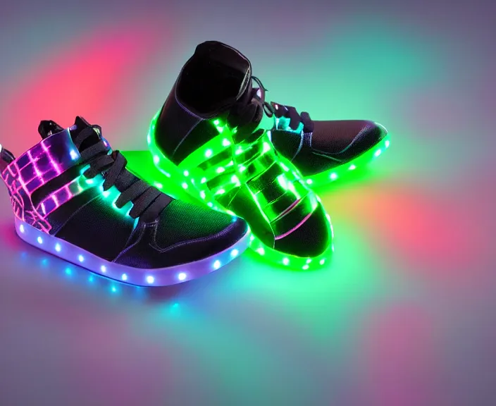 Image similar to generative design sneakers with led skin in the style of cyberdog, product shot, dynamic neon lighting