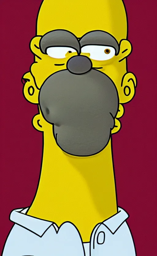 Image similar to 3D-Render of Homer Simpson in real life, hyperrealism, details, greasy face, big nose, big cartoon eyes, big lips, yellow skin, double chin, stubble, receding hairline, white shirt, close up, portrait, realism, Unreal Engine 5, 8K, photo, super-detailed, high quality, high resolution, 4K, HDR, ray tracing,