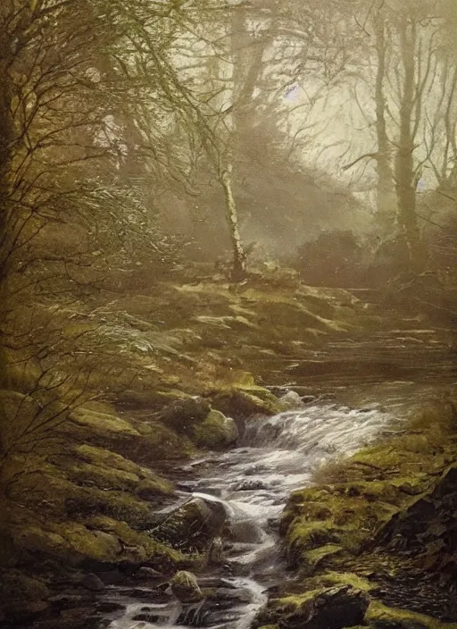 Prompt: there is a place in wales, tucked out of view magic happens, only seen by a few. for just one day, for only just one hour. the last summer ’ s day break at gelli aur. there you must follow a winding trout stream. search all the oaks with a tiny light beam, inspired be greg rutkowski