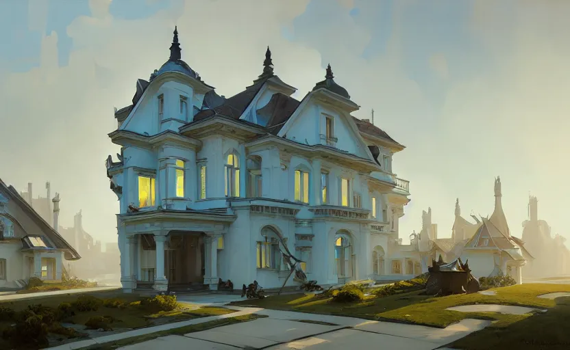 Prompt: painting of a wide angle exterior shot of a white architecture house with cinematic lighting by zaha hadid and peterzumthor, darek zabrocki and greg ruthkowski, alphonse mucha, simon stalenhag and cinematic and blue cold atmospheric, archillect concept art, artstation, trending on artstation