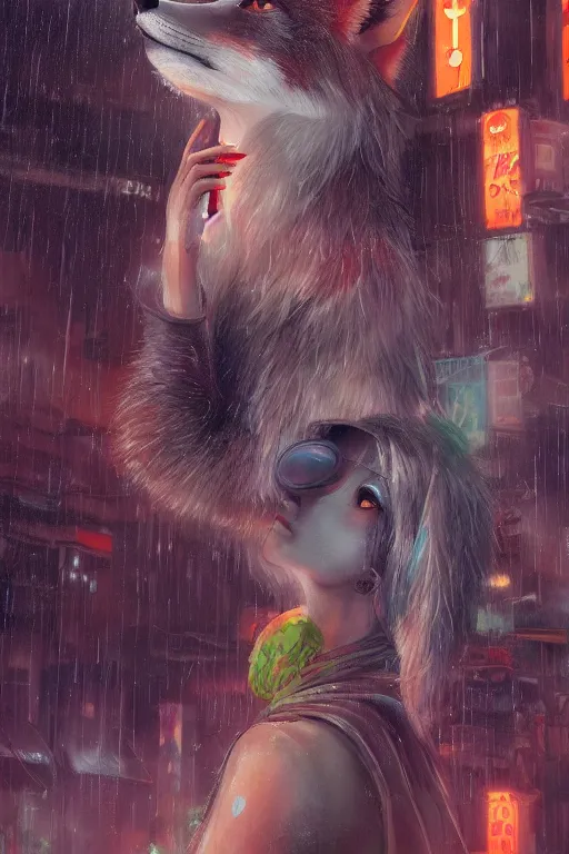 Image similar to beautiful portrait of a tall female anthro fox smoking a cigarette in a bustling crowd of a rainy city street, cyberpunk, harsh neon lights, highly detailed, sharp focus, digital painting, illustration, trending on artstation, art by sakimichan, artgerm