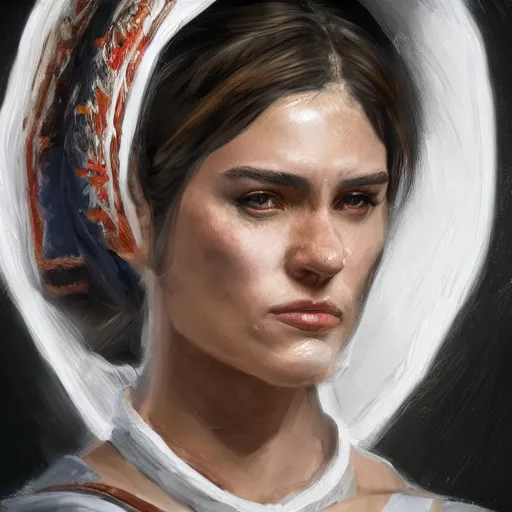 Prompt: Portrait of a Greek Woman in Hellenic dress, oil painting by Cedric Peyravernay, highly detailed, cinematic concept art, dramatic lighting, trending on Artstation