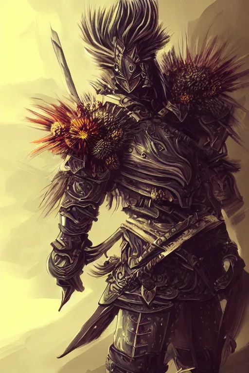 Image similar to a warrior wearing thistle armour, highly detailed, digital art, sharp focus, trending on art station, artichoke, anime art style