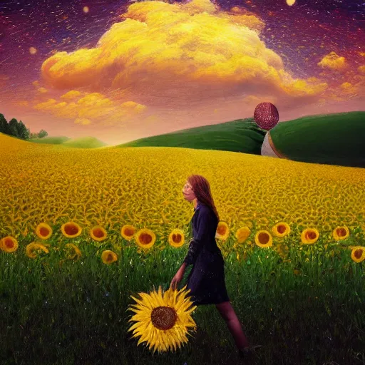 Image similar to giant yellow sunflower face, girl walking in wheat field, hills, surreal photography, dark night, star trails, dramatic light, impressionist painting, clouds, digital painting, artstation, simon stalenhag