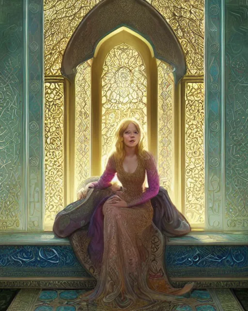 Image similar to jennifer lawrence in front of an big open quran highly detailed, gold filigree, romantic storybook fantasy, soft cinematic lighting, award, disney concept art watercolor illustration by mandy jurgens and alphonse mucha and alena aenami, pastel color palette, featured on artstation