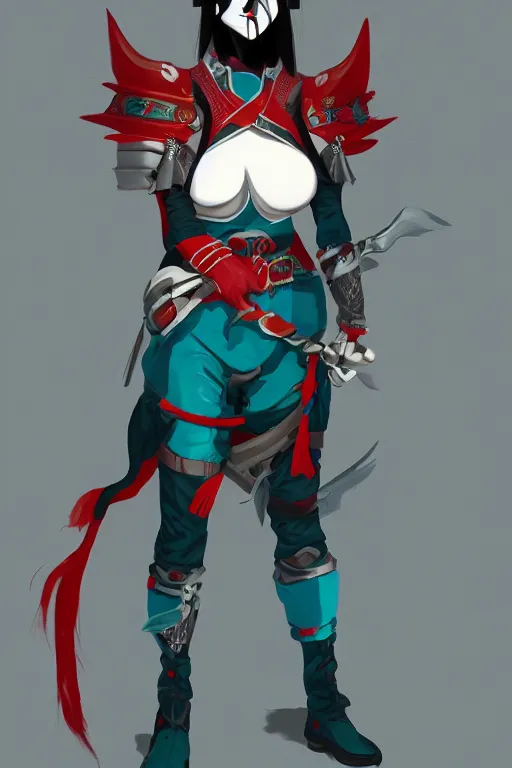 Prompt: female adventurer in tight full - body teal leather armor of japanese design with red accents and a white porcelain crow mask, trending in artstation, japanese, artstation, establishing shot