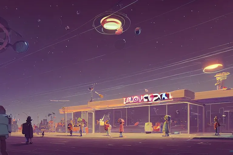 Image similar to A spaceship hovering over a doughnut shop, zapping the paper bags out of each customer's hands as they leave, mystical, intricate, by by Goro Fujita and Simon Stalenhag, and Adrian Ghenie