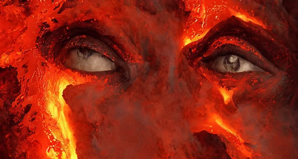 Image similar to a volcano made of ivory vines and crimson rocks enters in eruption, it spits a smoke in the shape of demonic eye, by ARTGERM