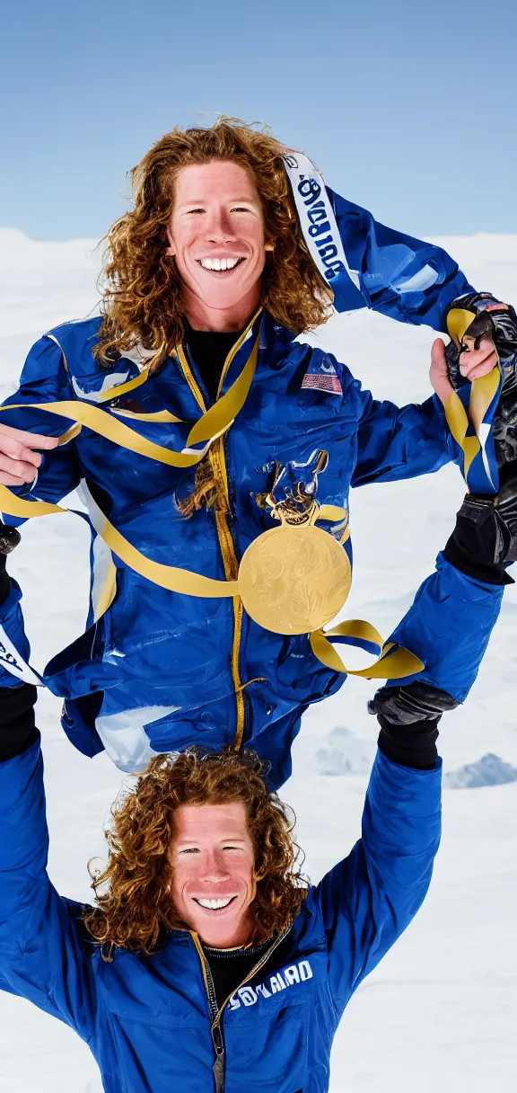 Image similar to high quality portrait of shaun white holding a gold medal with blue sky above him, rule of thirds, upper body shot, sharp focus, extremely detailed, studio photography