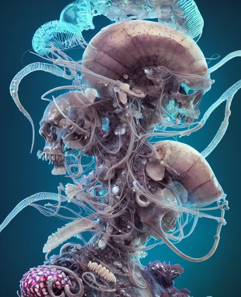 Image similar to goddess close-up portrait ram skull, thorax, x-ray, backbone, jellyfish phoenix head, nautilus, orchid, skull, betta fish, bioluminiscent creatures, intricate artwork by Tooth Wu and wlop and beeple. octane render, trending on artstation, greg rutkowski very coherent symmetrical artwork. cinematic, hyper realism, high detail, octane render, 8k