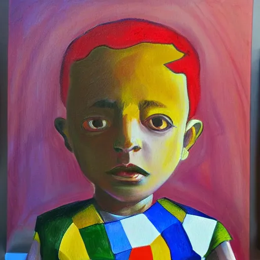 Prompt: kid, drawn personage in style of gabo mendoza, oil painting