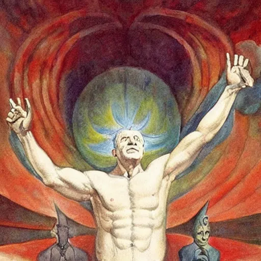 Image similar to joe biden as demiurge creating 1 9 5 0 s world, painting by william blake and jon mcnauhgton