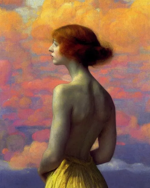 Image similar to a beautiful girl floating in colourful clouds, painted by edgar maxence, edward hopper, wayne barlowe, painted by james gilleard and james jean. 8 k realistic, hyperdetailed, beautiful lighting, detailed background, depth of field,