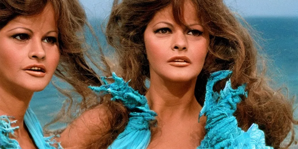 Prompt: classic italian movie with claudia cardinale in the style of andromeda and the sea monster. claudia cardinale is andromeda and stands on a rock in front of a windy sea. the sea monster is enormous and turquoise and has a tremondous mouth. cinematic, breathtaking, technicolor, highly intricate