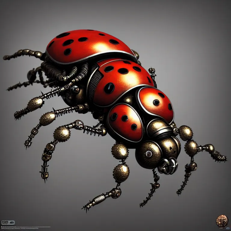 Prompt: steampunk cybernetic biomechanical ladybug, 3 d model, unreal engine realistic render, 8 k, micro detail, intricate, elegant, highly detailed, centered, digital painting, artstation, smooth, sharp focus, illustration, artgerm, tomasz alen kopera, wlop