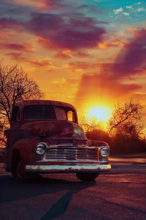 Image similar to a sunset light landscape with historical route 6 6, lots of sparkling details and sun ray ’ s, blinding backlight, smoke, volumetric lighting, colorful, octane, 3 5 mm, abandoned gas station, old rusty pickup - truck, beautiful epic colored reflections, very colorful heavenly, softlight