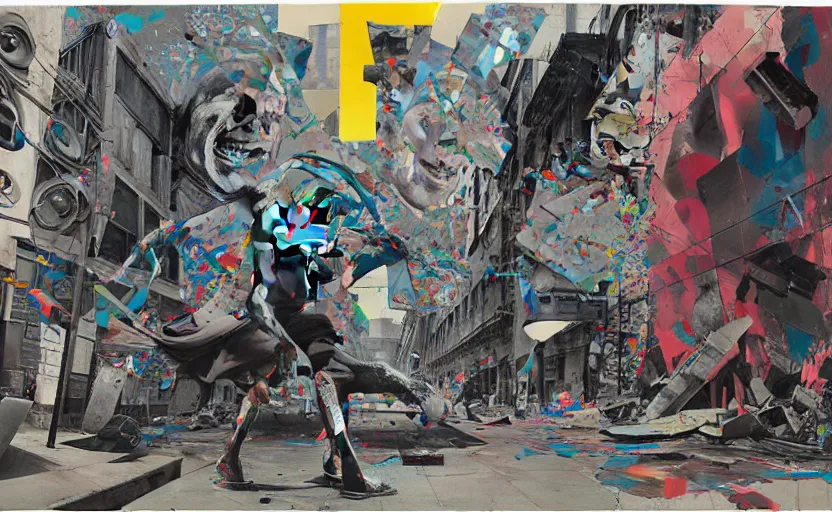 Image similar to decollage painting old man struggle on a street of ruined city with his muscles and ligaments in incredible tension by adrian ghenie and takato yamamoto and edward hopper and mark ryden and tsutomu nihei, part by bridget riley, acrylic pour and splashing paint, very coherent, baroque elements, perfect anatomy, intricate design. pop art.