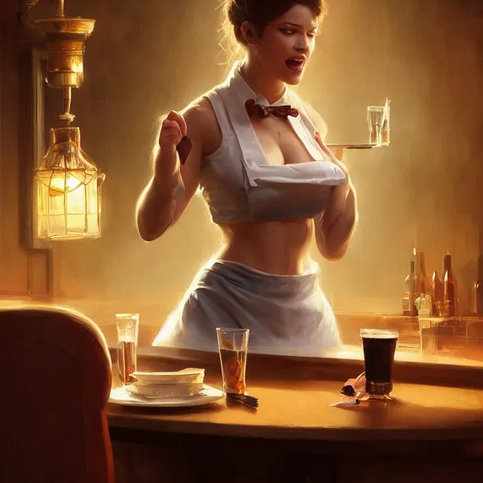 Image similar to a waitress singing on a table in a bar, elegant, real life skin, intricate artwork, high detailed, artstation, concept art, smooth, sharp focus, art by artgerm and greg rutkowski