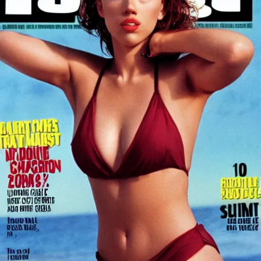 Prompt: Scarlett Johansson on the cover of Swimsuit Illustrated (1990)