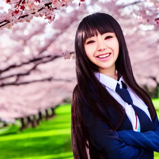 Prompt: Beautiful anime girl grinning while also wearing school attire with cherry blossoms in the background, anime style, 4K