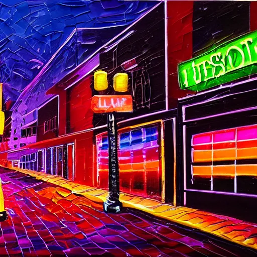 Image similar to impasto texture acrylic painting of a neon lit city street at night