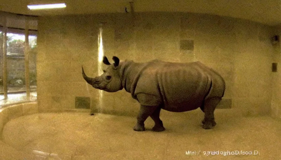 Image similar to a rhinoceros in a public shower, by mini dv camera, very low quality, heavy grain, blurry, caught on trail cam