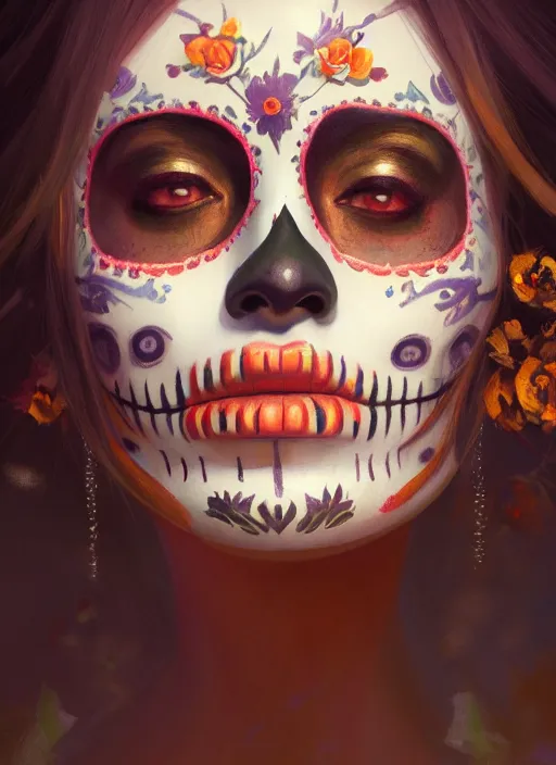 Image similar to portrait of dia de muertos, extremely detailed digital painting, in the style of fenghua zhong and ruan jia and jeremy lipking and peter mohrbacher, mystical colors, rim light, beautiful lighting, 8 k, stunning scene, raytracing, octane, trending on artstation