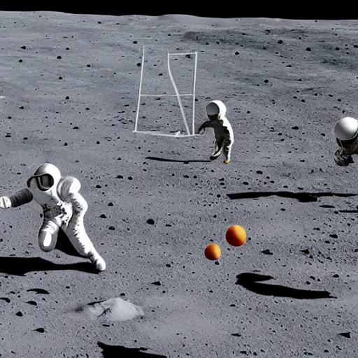 Prompt: astronauts playing football on the moon, Earth in the background, photorealistic