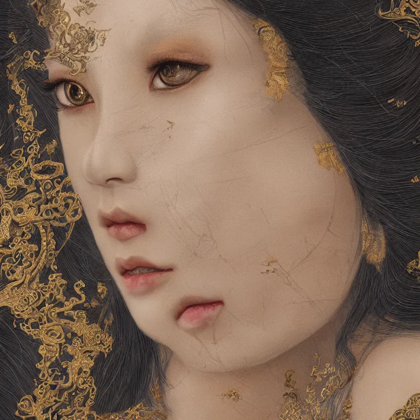 Image similar to amazing exquisite matte painting, close - up portrait of a chinese white loong, sacred,, shimmer, exquisite detail huge details, gold detailed line work, by xision and yukii morita,, james jean, trending on artstation