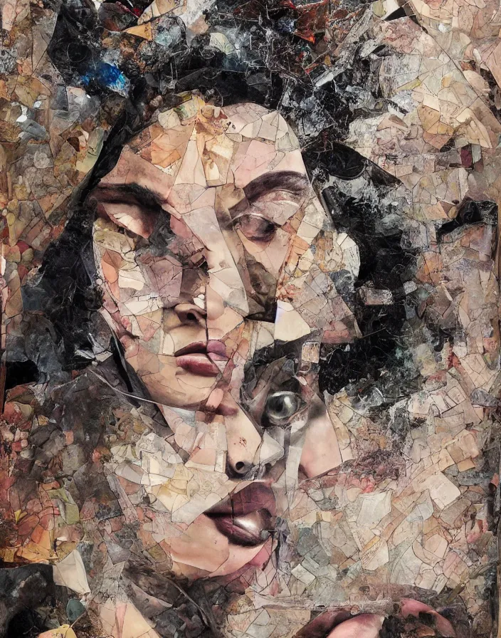 Prompt: languid celestial orgasm of sophisticated bodies detailed mixed media collage with canvas texture in style of contemporary art, punk art, hyperrealistic beautiful face, photorealism, expressionism, masterpiece, perfect composition, spectacular quality, intricate oil details, torns, half - closed eyes, shattered glass