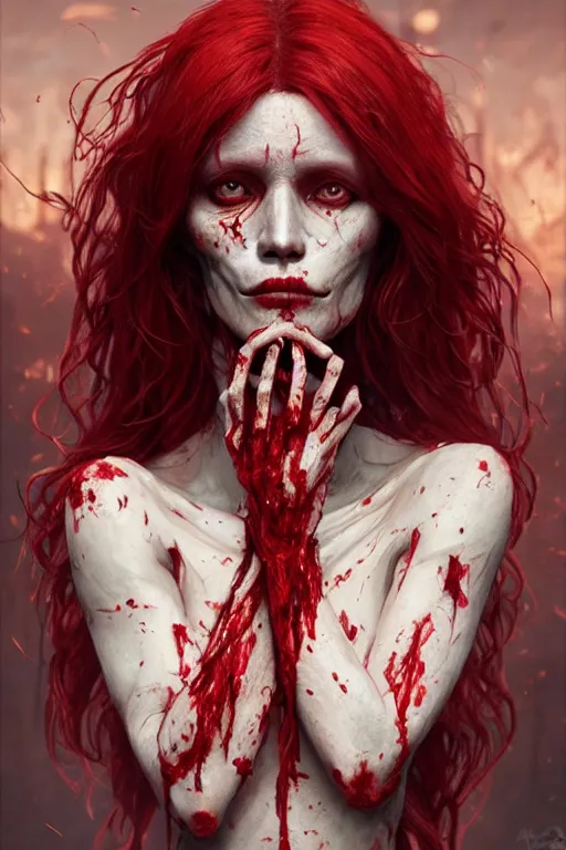 Prompt: woman skeleton covered with blood, long red hair, ultra realistic, concept art, intricate details, highly detailed, photorealistic, octane render, 8 k, unreal engine. mild film still, heavy grain, art by artgerm and greg rutkowski and alphonse mucha