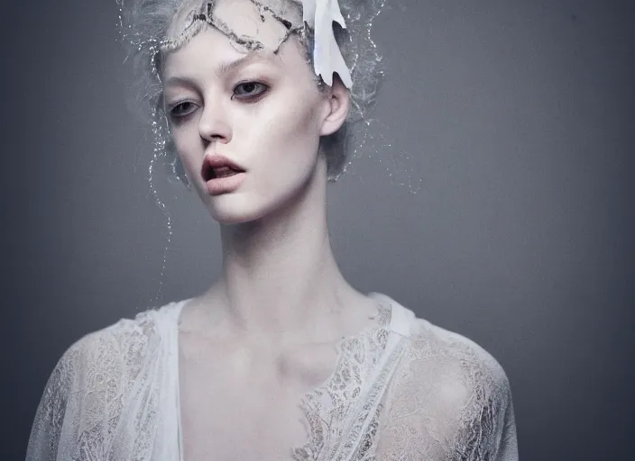 Prompt: a stupid head with highly detailed realistic diged nails, in style of paolo roversi, britt marling style 3 / 4, a beautiful ethereal lace white robe, 8 k, soft focus, soft light, volumetric lighting, highly detailed realistic, refined, highly detailed, natural outdoor soft pastel lighting colors scheme