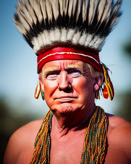 Prompt: a medium shot portrait photograph of donald trump as a tribal chief from the stone age, dslr photography