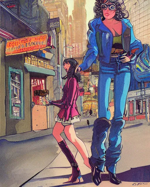 Image similar to young female protagonist in leather jacket, city street, artwork by ralph bakshi