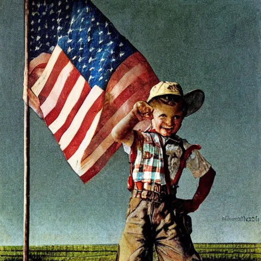 Prompt: illustration of a little country boy waving the american flag, by norman rockwell