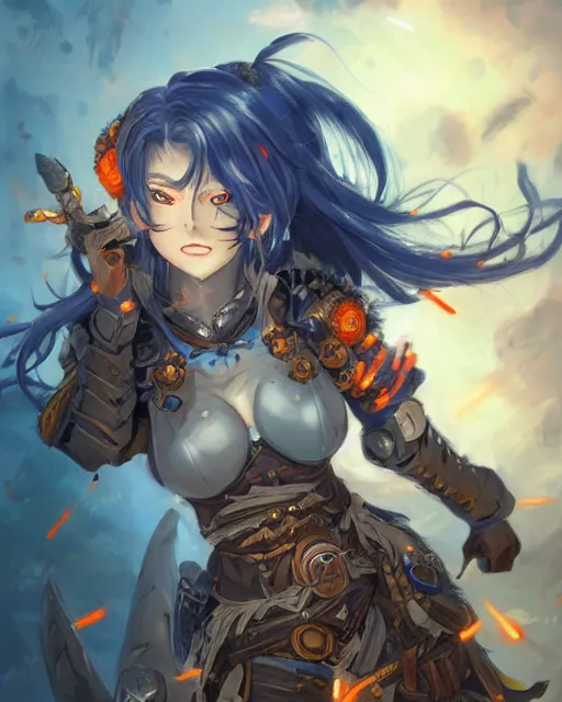 Image similar to An anime portrait of a beautiful D&D half-orc female with long wavy dark blue hair, bright orange eyes, intricate full body armour, fantasy soldier, by Stanley Artgerm Lau, WLOP, Rossdraws, James Jean, Andrei Riabovitchev, Marc Simonetti, and Sakimichan, highly detailed, ultra detailed, golden hour, trending on artstation, cgstudio