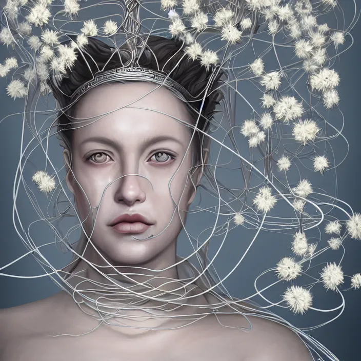 Prompt: hyperrealist portrait of a symmetrical queen 2 0 4 4 space sport engineer, it is decorated with long white wires and white flowers that fall like vines and wears a huge computer crown by roberto ferri, fantasy art, photo realistic, dynamic lighting, unreal engine rendered, artstation, poster, dramatic light, very detailed faces, - 8 k, award winning