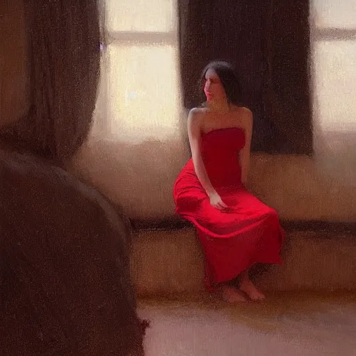 Image similar to girl with long black hair, in backless red dress, backview, sitting on edge of bed, in a candle lit room, by jeremy lipking, tim rees, joseph todorovitch