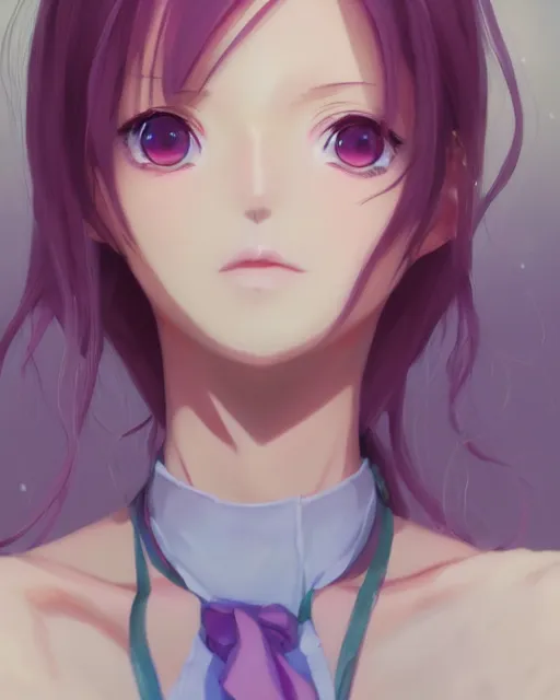 Image similar to gorgeous anime woman portrait, pastel hair, bodycon dress, clear clean face, face by ilya kushinov, avetetsuya studios, alexandra fomina artstation, by makoto shinkai, digital 2 d, painterly style, cinematic matte illustration, clean composition, character design, ufotable, vofan