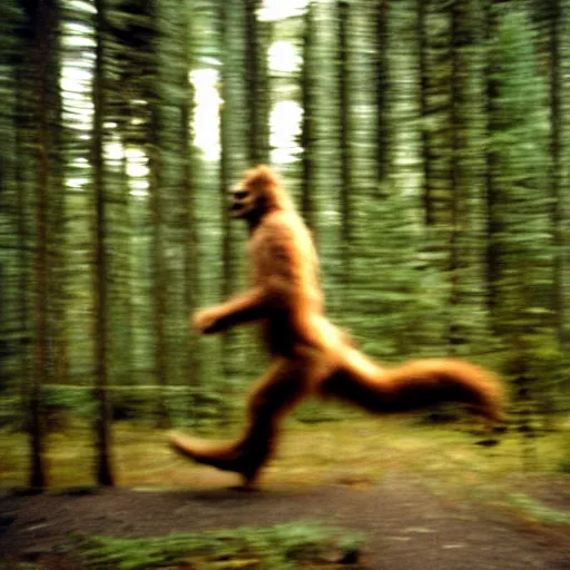 Prompt: grainy blurry 3 5 mm photograph of bigfoot running away through a forest, wide shot, action shot, sasquatch, candid photo,