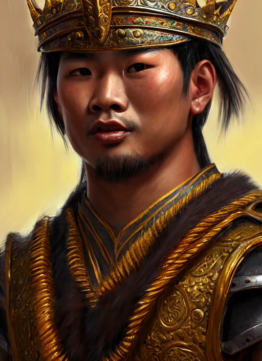 Image similar to king ramkhaheang, close portrait, historical, ethnic group, traditional tai costume, bronze headset, leather shoulder armor, fantasy, intricate, with leather armor cross onbare chest, elegant, loin cloth, highly detailed, oill painting, artstation, concept art, matte, sharp focus, illustration, hearthstone, art by earl norem