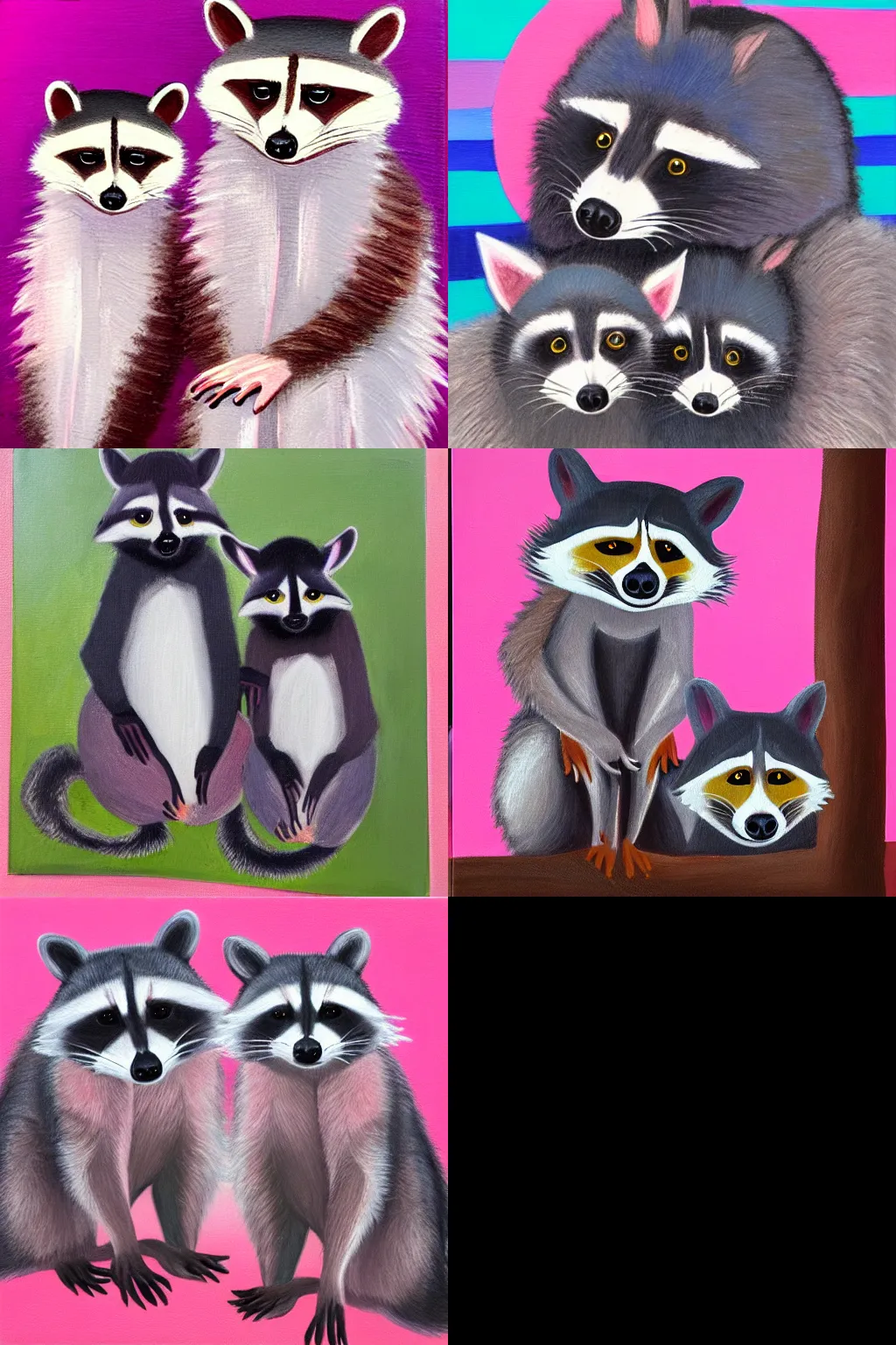 Prompt: 2 racoons taking a family photo, pink background, expressive oil painting