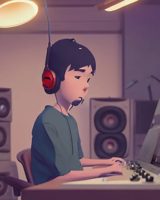 Image similar to man with headphones at his home studio producing music late at night, very detailed, 4 k, cory loftis, james gilleard, atey ghailan, makoto shinkai, goro fujita, studio ghibli, rim light, exquisite lighting, clear focus, very coherent