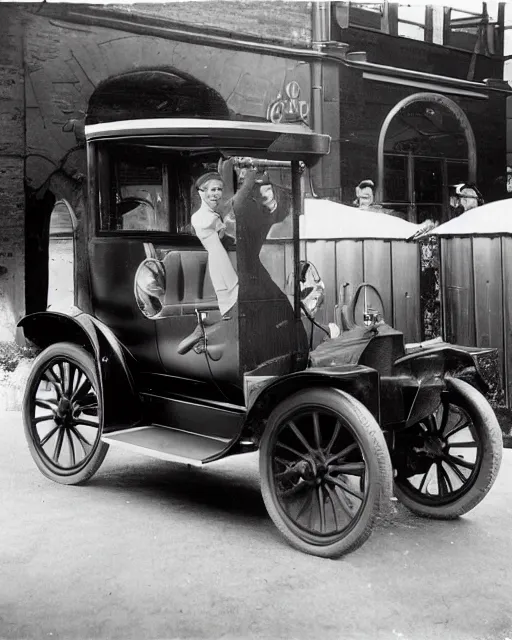 Prompt: 1 9 2 0 s photo of a person standing next to a tesla model t