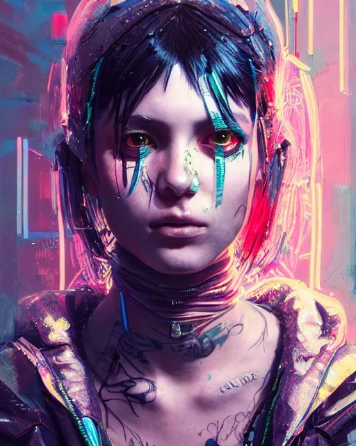 Prompt: detailed portrait Young Gangster Girl cyberpunk futuristic ((neon)) tattoes, styled hair Reflective gauzy fine-spun film jacket, decorated traditional ornaments by ismail inceoglu dragan bibin hans thoma greg rutkowski Alexandros Pyromallis Nekro Zac Retz illustrated Perfect face, fine details, realistic shaded, fine-face, pretty face