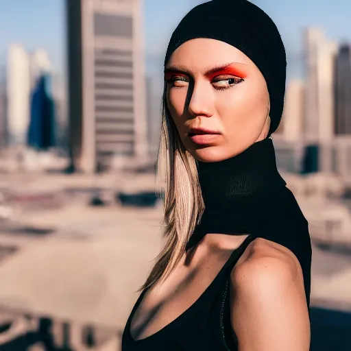 Image similar to photographic portrait of a streetwear woman, closeup, on the rooftop of a futuristic city overlooking a desert oasis, sigma 85mm f/1.4, 4k, depth of field, high resolution, 4k, 8k, hd, full color