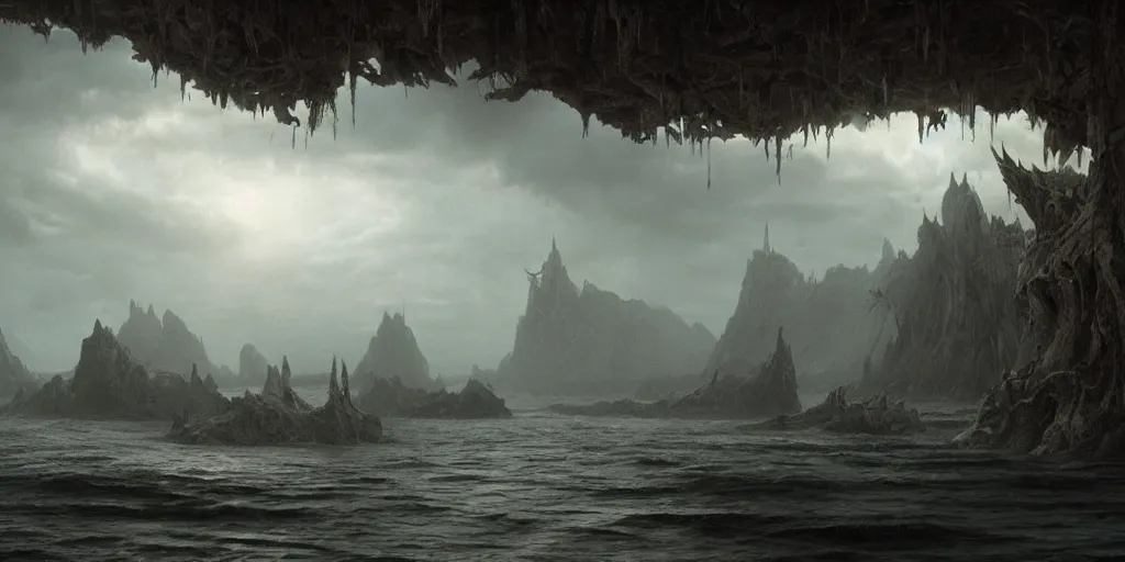 Image similar to screenshot from a movie, epic matte painting of an island, cinematic cinematography masterpiece, greg rutkowski, and ivan aivazovski, roger deakins, giger