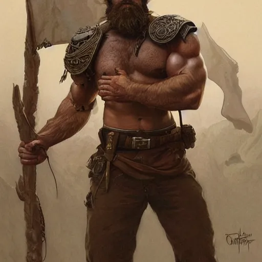 Image similar to portrait of a rugged ranger, muscular, upper body, hairy torso, D&D, fantasy, intricate, elegant, highly detailed, digital painting, artstation, concept art, smooth, sharp focus, illustration, art by artgerm and Greg Rutkowski and Alphonse Mucha